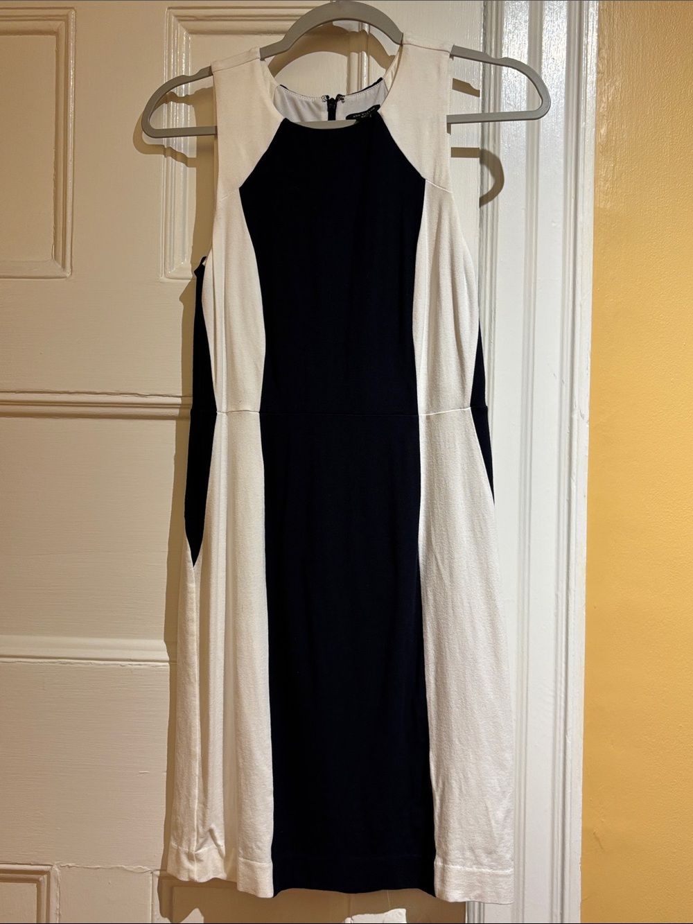 Sleeveless Navy and White Colorblock Jersey Sheath Dress Ann Taylor petites